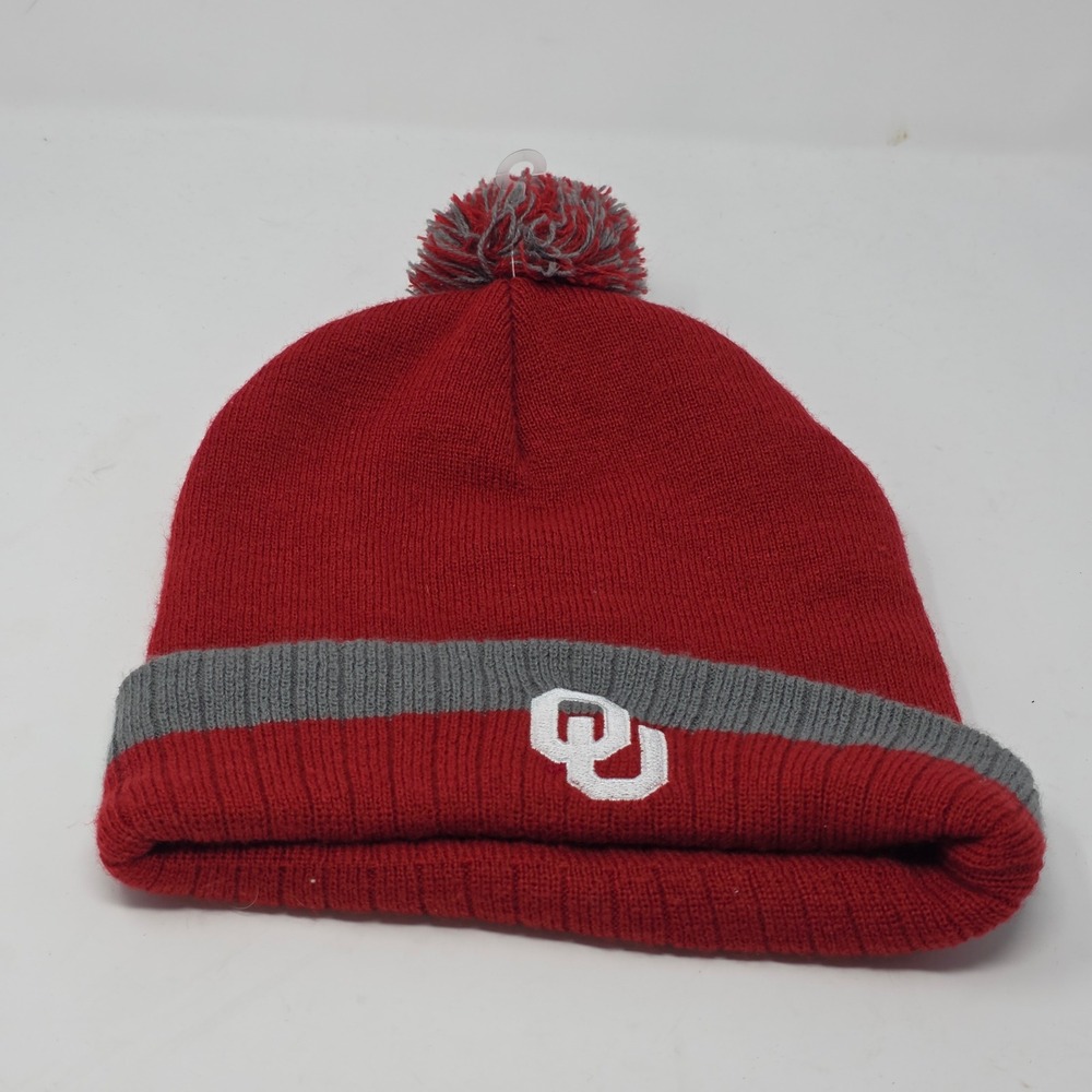 Captivating Oklahoma Sooners Beanie Hat Crimson Red Grey Pom OU Logo Knit